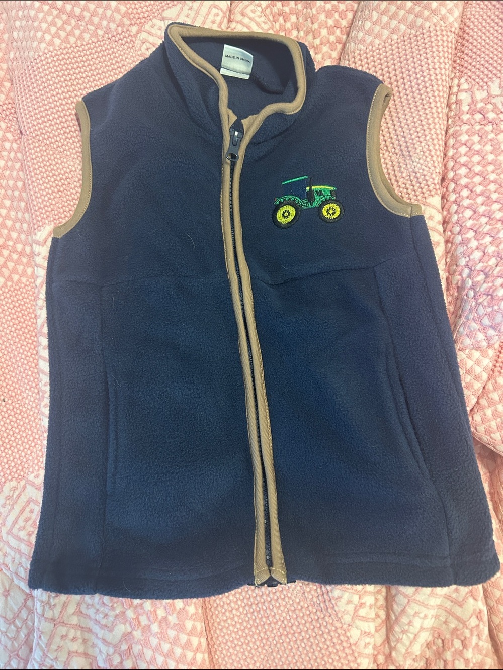 Source Unknown Navy Fleece Vest with Green & Yellow Tractor Embroidery